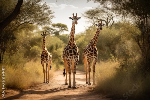three giraffes walking on a dirt road