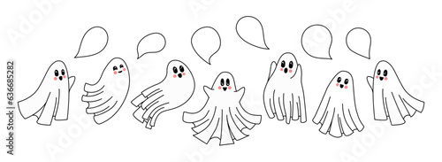 Halloween cute cartoon ghosts with speech bubbles set. Flying and smiling ghost spirit, spooky concept, boo crew, empty chat clouds. Vector illustration isolated on white background