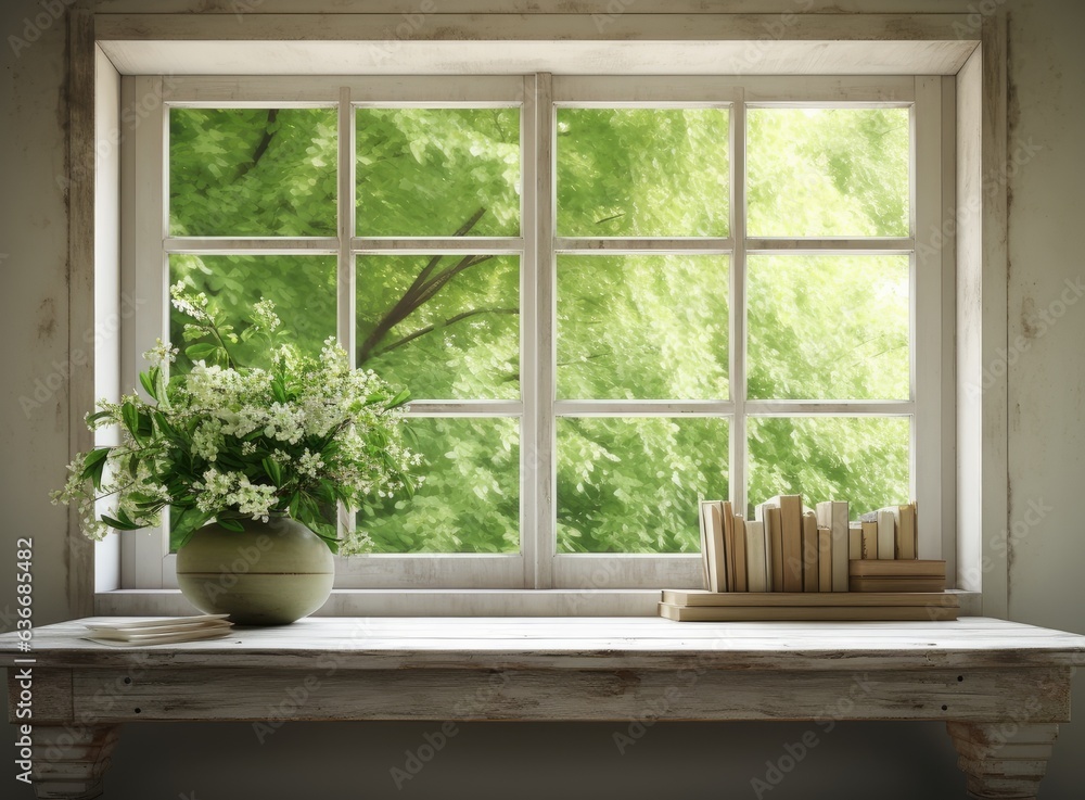 Wooden table of free space for your decoration. White big window with spring time. Fresh flowers on top. Created with Generative AI technology. Wooden table of free space for your decoration. White big window with spring time. Fresh flowers on top. Created with Generative AI technology.