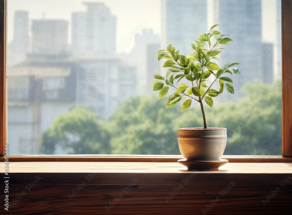 Wooden table of free space for your decoration. White big window with spring time. Fresh flowers on top. Created with Generative AI technology. Wooden table of free space for your decoration. White big window with spring time. Fresh flowers on top. Created with Generative AI technology.