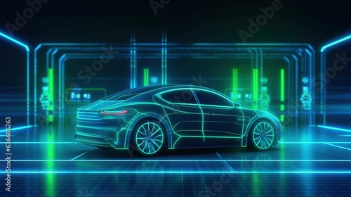 Smart futuristic car hologram HUD UI. Abstract virtual graphic touch user interface.Auto service concept. Scanning and automobile data analysis. AI generated © KengVit14