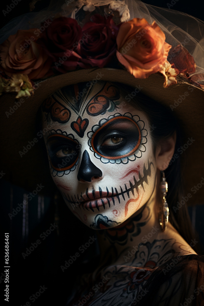 La Catrina dia de muertos schöne Frau mit Maske / Make-up, dekoriert mit Blumen Kostüm. Tag der Toten in Mexico. Hochkant. Hochformat. Generative Ai. La Catrina dia de muertos schöne Frau mit Maske / Make-up, dekoriert mit Blumen Kostüm. Tag der Toten in Mexico. Hochkant. Hochformat. Generative Ai.