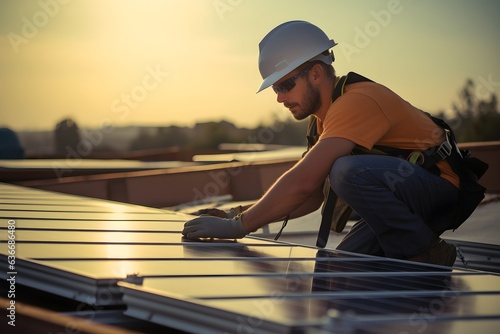 A worker installing solar panels in a rooftop. Green energy technology, eco-friendly sustainability environment, climate change concept