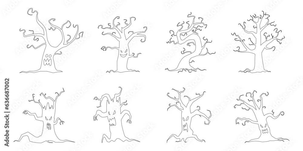 Set of Line art halloween trees.  Halloween Elements and Objects for Design Projects.