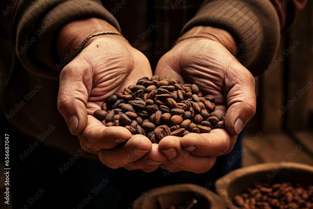 Hands holding coffee beans. Hard working hands, Columbian beans