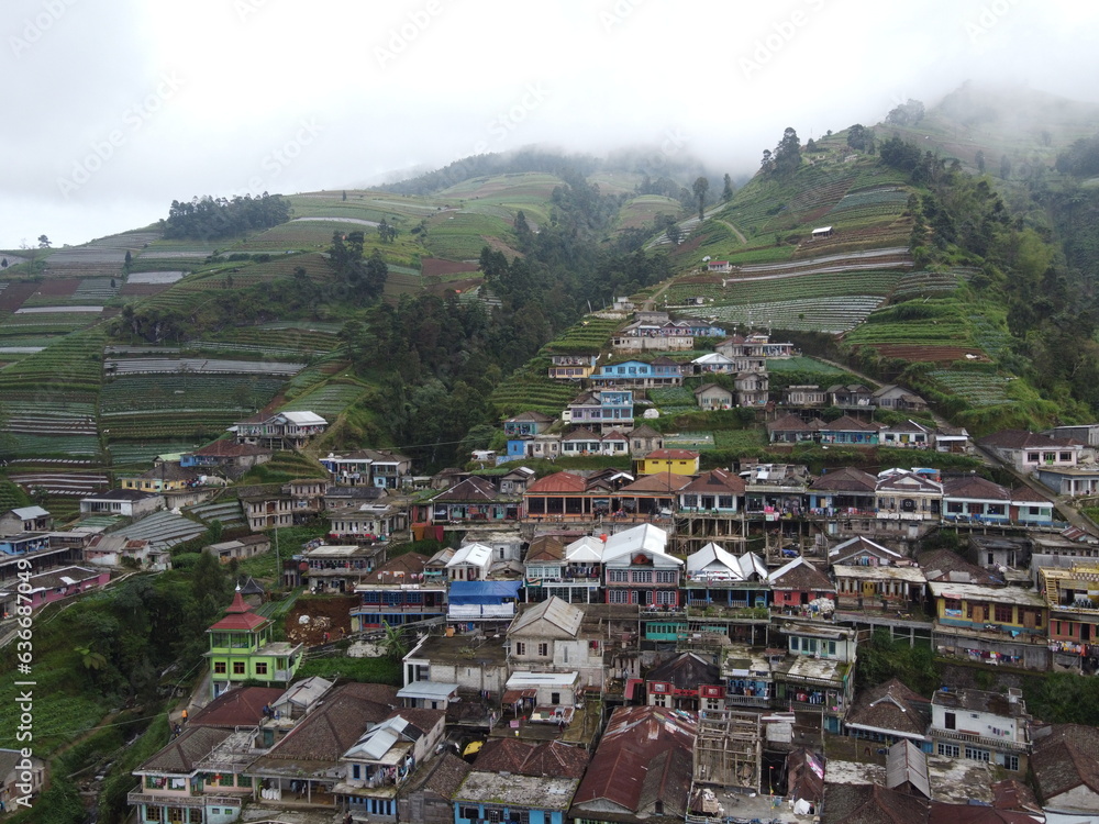Fototapeta premium The beauty of the landscape and architecture of the arrangement of terraced houses in the tourist area of ​​Nepal van Java, Butuh Hamlet, Magelang, Central Java indonesia 