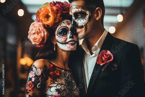  couple wearing a skull halloween costume say of the dead photo
