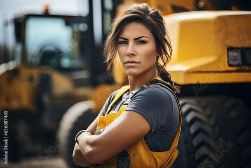 Skilled Confidence: Female Construction Worker Operates Heavy Machinery on Site photo