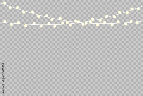  Christmas lights on a transparent background. Realistic garland, glowing light bulbs. Vector illustration.