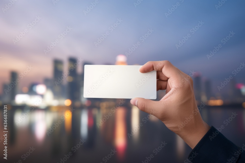 Close up male hand unrecognizable man businessman in formal suit employer unknown entrepreneur lawyer arm holding empty blank white business card at city cityscape background evening night mock up Close up male hand unrecognizable man businessman in formal suit employer unknown entrepreneur lawyer arm holding empty blank white business card at city cityscape background evening night mock up