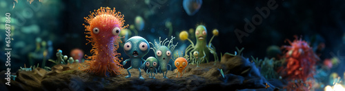 Putzige kleine Mikro Monster Viren Cartoons in bunten Farben mit Glubbschis in Querformat für Banner, ai generativ