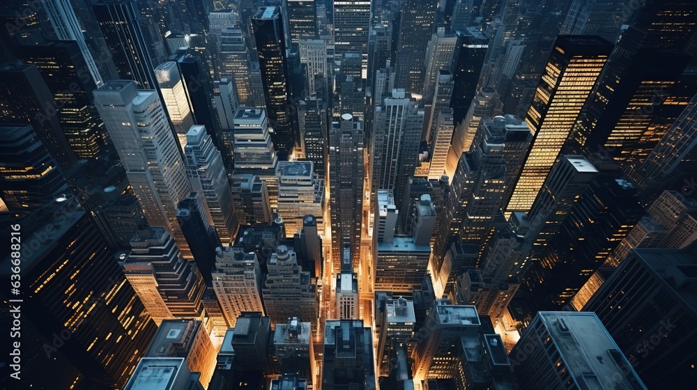 Top view of skyscrapers. Created using generative AI technology. - obrazy, fototapety, plakaty 