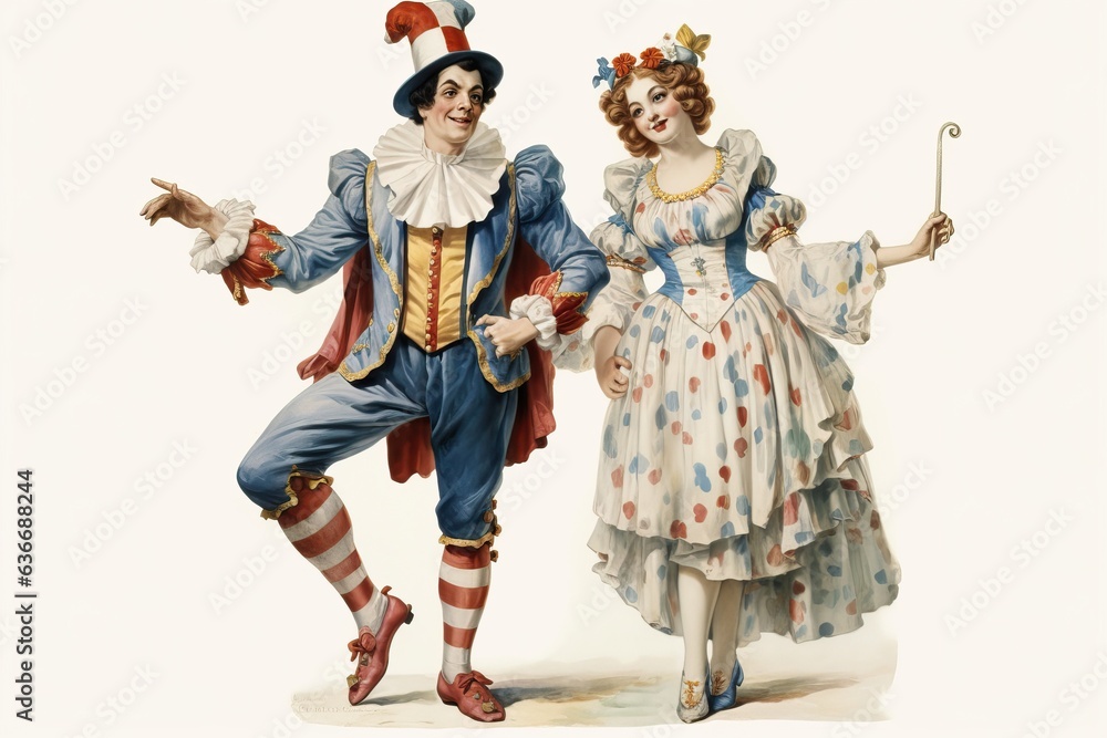 Theatrical Dance of Harlequin and Colombina - Illustration of Dancing Characters