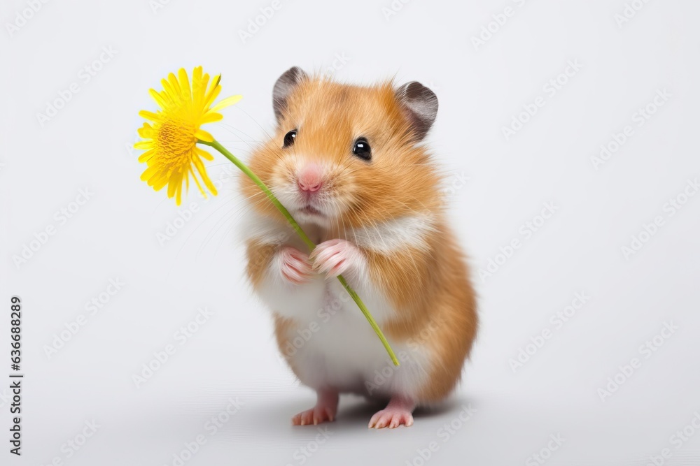 Fluffy Red Hamster with Dandelion - Cute Rodent on White Fluffy Red Hamster with Dandelion - Cute Rodent on White