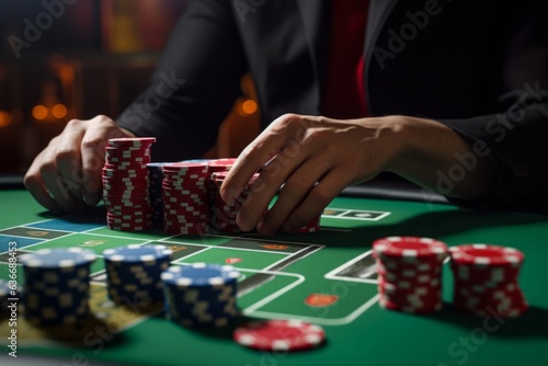 Casino player rich dealer croupier gambling blackjack poker roulette table white luxury shirt hands cards chips stacks successful win gamble loss card game las vegas texas house bet taking risk © Yuliia