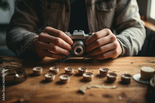 Close up male hands arms holding fixing old vintage camera hobby mechanical parts camera lens on table unrecognizable man repairman fix breaks it down into details photographer repair photo equipment