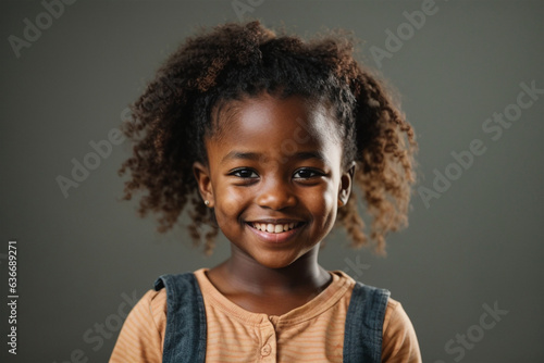 Smiling African little girl isolated on studio background, cute child portrait, generative AI.