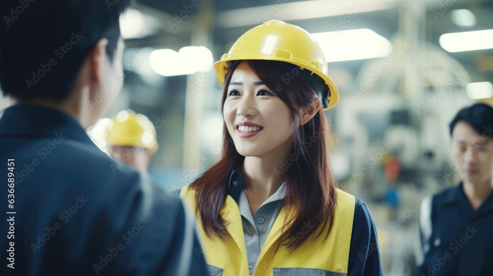 Smiling asian female mechanical engineer talking to her colleagues
