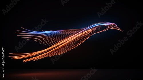 An immersive scene with minimalist neon lines depicting the shape of a graceful bird in flight. © kept