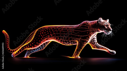 Captivating scene with minimalistic neon lines depicting the silhouette of a running cheetah on a black background.