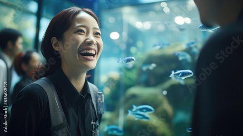 Smiling asian female marine biologist talking to her colleagues