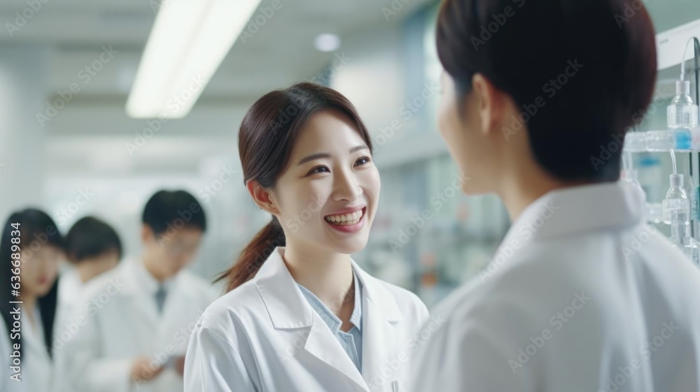 Smiling asian female scientist talking to her colleagues Smiling asian female scientist talking to her colleagues