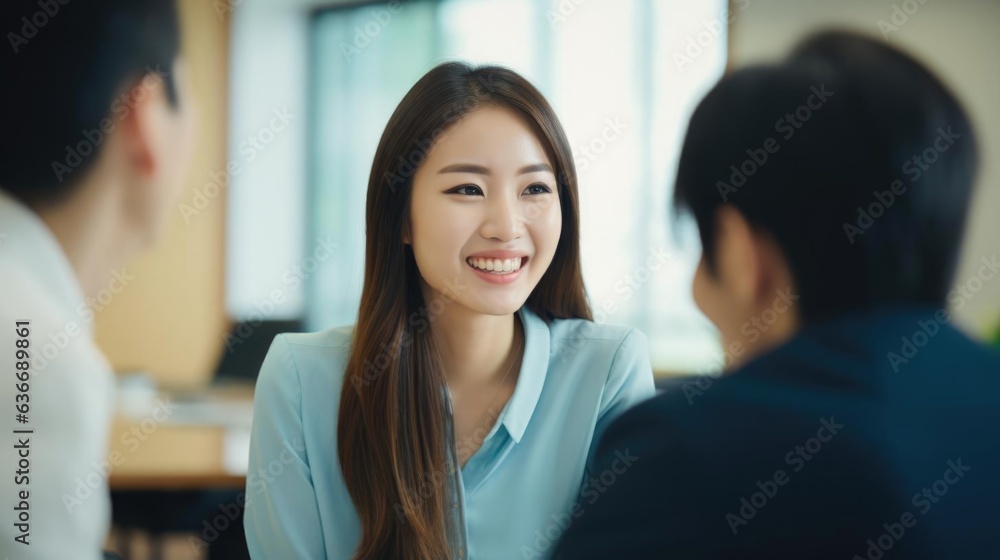 Smiling asian female social worker talking to her colleagues Smiling asian female social worker talking to her colleagues
