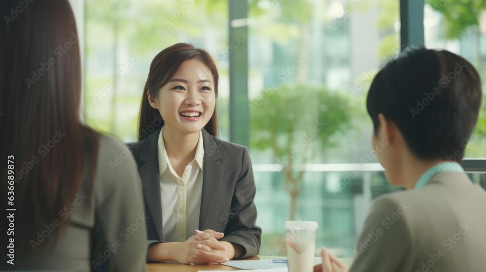 Smiling asian female social worker talking to her colleagues Smiling asian female social worker talking to her colleagues