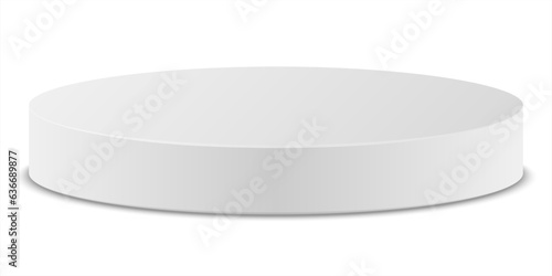 Empty white round podium or modern platform. Abstract 3d cylinder pedestal or product display stand. Light scene for cosmetic product display advertising, showcase. Mockup or showroom arena. photo