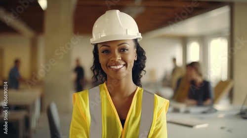 Smiling black female architect talking to her colleagues