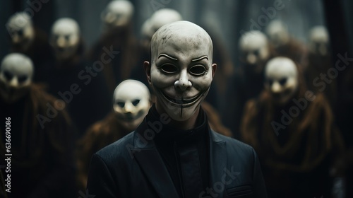 The concept of hidden emotions: a man in a mask smiles at a family meeting, but deep sadness is read in his eyes. Close-up of eyes showing conflicting emotions. photo