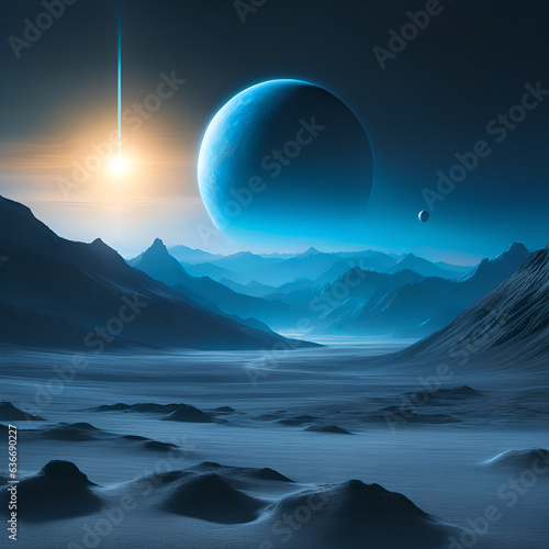 blue planets sunset over the mountain