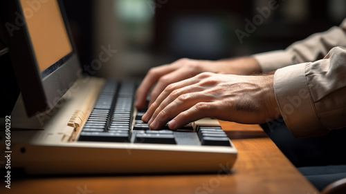 an office worker's fingers fly across the keyboard, keeping up with the demanding workload