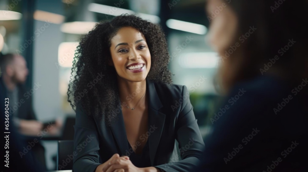 Smiling black female economist talking to her colleagues - obrazy, fototapety, plakaty 
