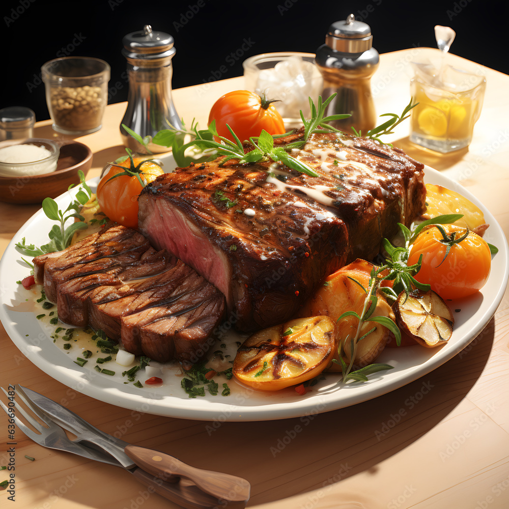 tasty juicy beef stake served with vegetables and drink