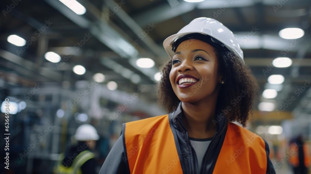 Smiling black female engineer talking to her colleagues - obrazy, fototapety, plakaty 