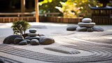 Japanese Zen Garden: Sand raked into patterns, stone lanterns, and a water feature, outdoor design, patio, generative Ai