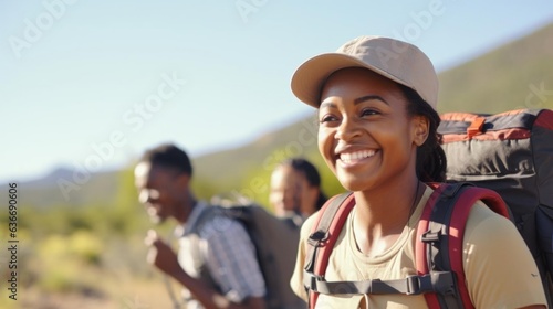 Smiling black female explorer talking to her colleagues