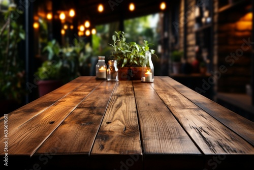 Empty wooden table against blur, ideal for product display in café setting Generative AI