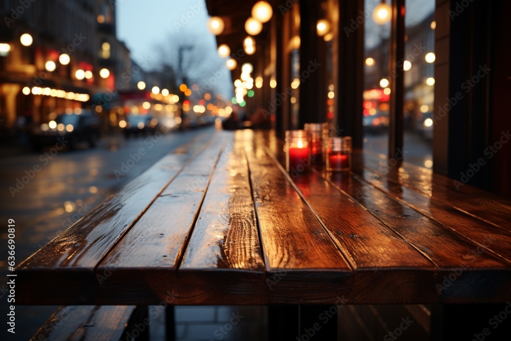 Night streets bokeh blur complements wooden table against blurred restaurant background Generative AI