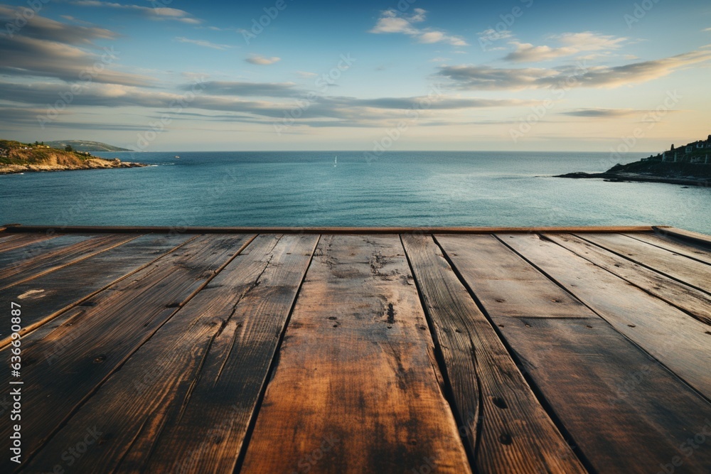 Old wooden tables texture harmonizes with endless sky and tranquil sea Generative AI