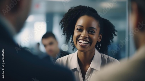 Smiling black female historian talking to her colleagues