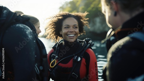 Smiling black female marine biologist talking to her colleagues