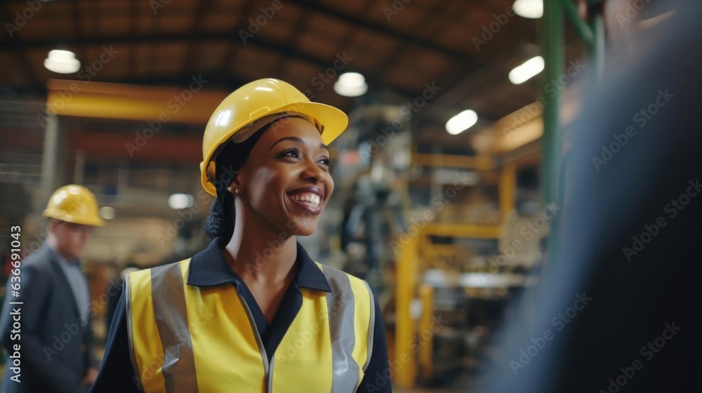 Smiling black female mechanical engineer talking to her colleagues Smiling black female mechanical engineer talking to her colleagues