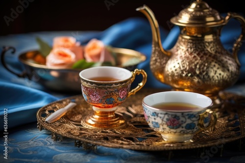 a beautiful Turkish tea set on a table cloth
