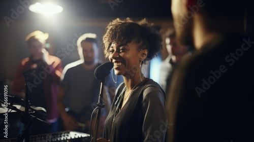 Smiling black female musician talking to her colleagues