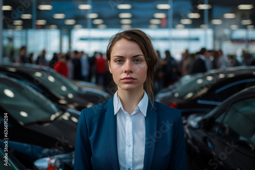 Generative AI picture of attractive young woman client is buying new comfort luxury auto