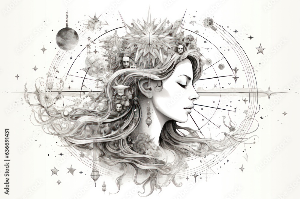 monochrome astrology illustration with woman  - obrazy, fototapety, plakaty 