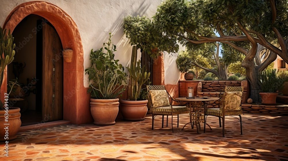 Mediterranean Retreat Terra: cotta tiles, wrought iron furniture, and olive trees, outdoor design, patio, generative Ai