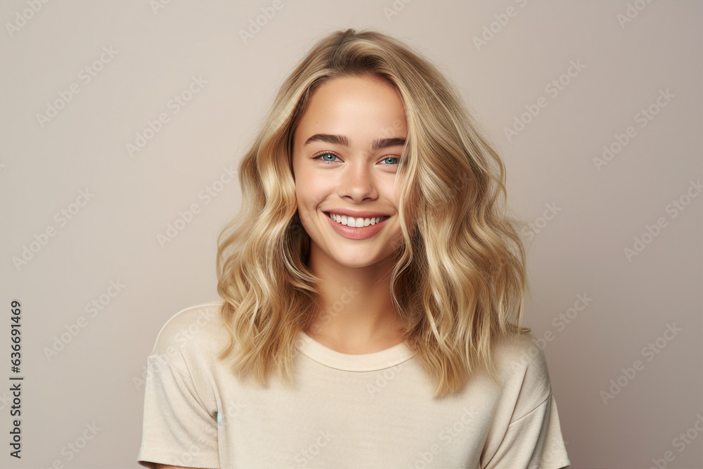 Generative AI portrait attractive young blonde hair girl smiling beauty concept isolated pastel color wall background Generative AI portrait attractive young blonde hair girl smiling beauty concept isolated pastel color wall background